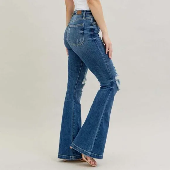 Judy Blue Button Fly Trouser Flare Jeans with Destroyed - Picture 2 of 4